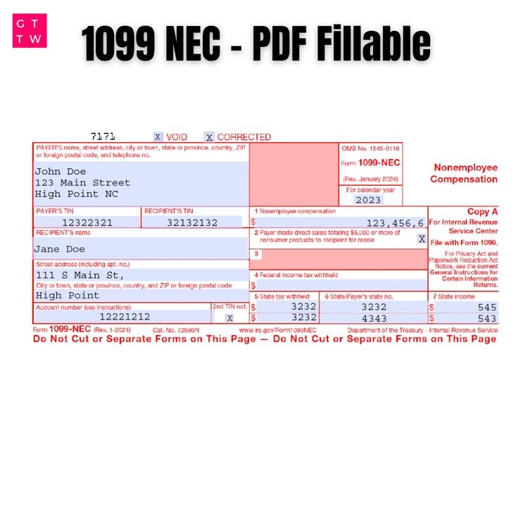 1099 NEC Editable PDF Fillable Template 2024 With Print And Clear 