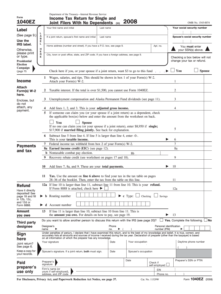 2008 Form IRS 1040 EZ Fill Online Printable Fillable Blank PdfFiller