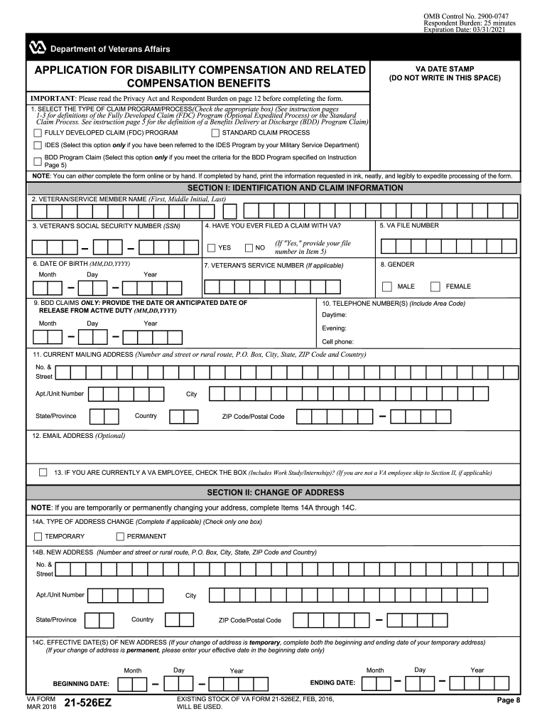 2018 Form VA 21 526EZ Fill Online Printable Fillable Blank PdfFiller
