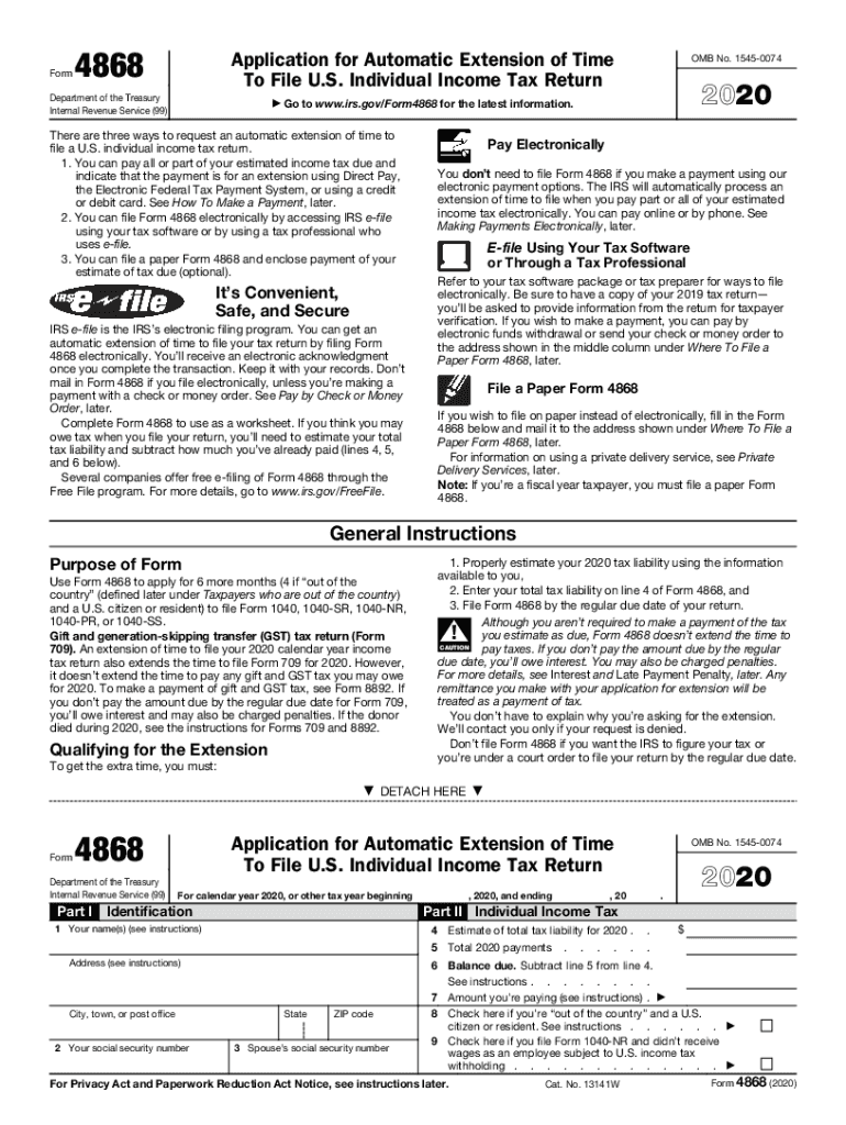 2020 Form IRS 4868 Fill Online Printable Fillable Blank PdfFiller