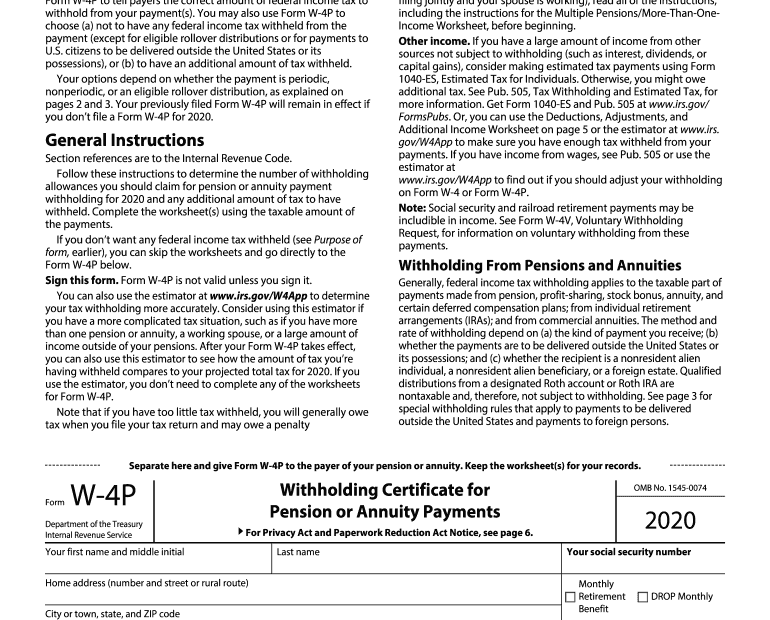 2020 Form W 4P Withholding Certificate For Pension Or Annuity Payments
