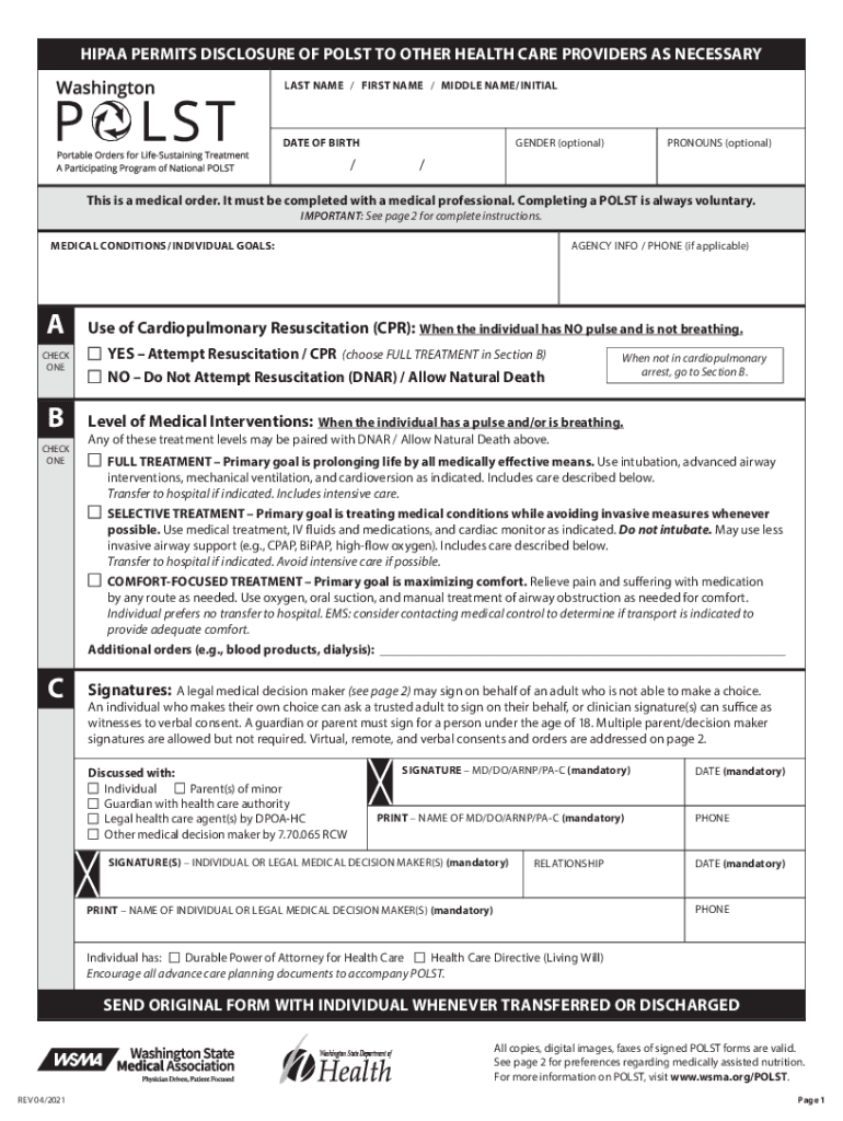 2021 2025 Form WA Physician Orders For Life Sustaining Treatment POLST 