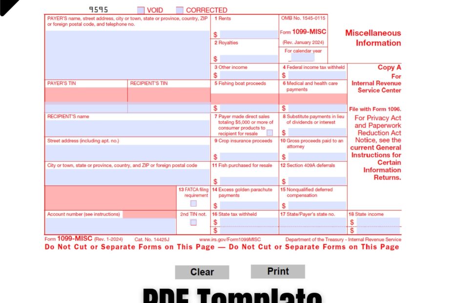 2024 1099 MISC IRS Forms Copy A Print Template PDF Fillable With