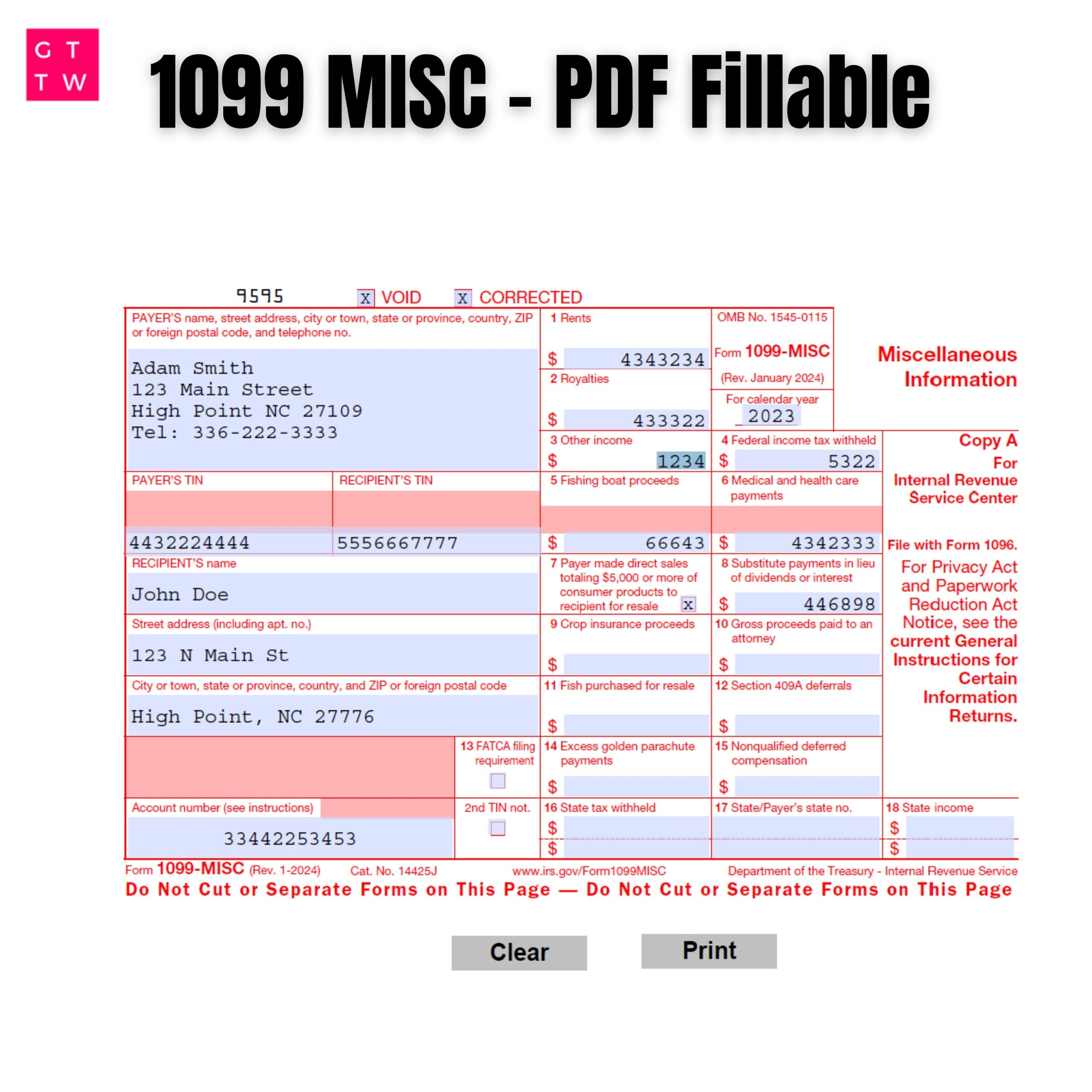 2024 1099 MISC IRS Forms Copy A Print Template PDF Fillable With 