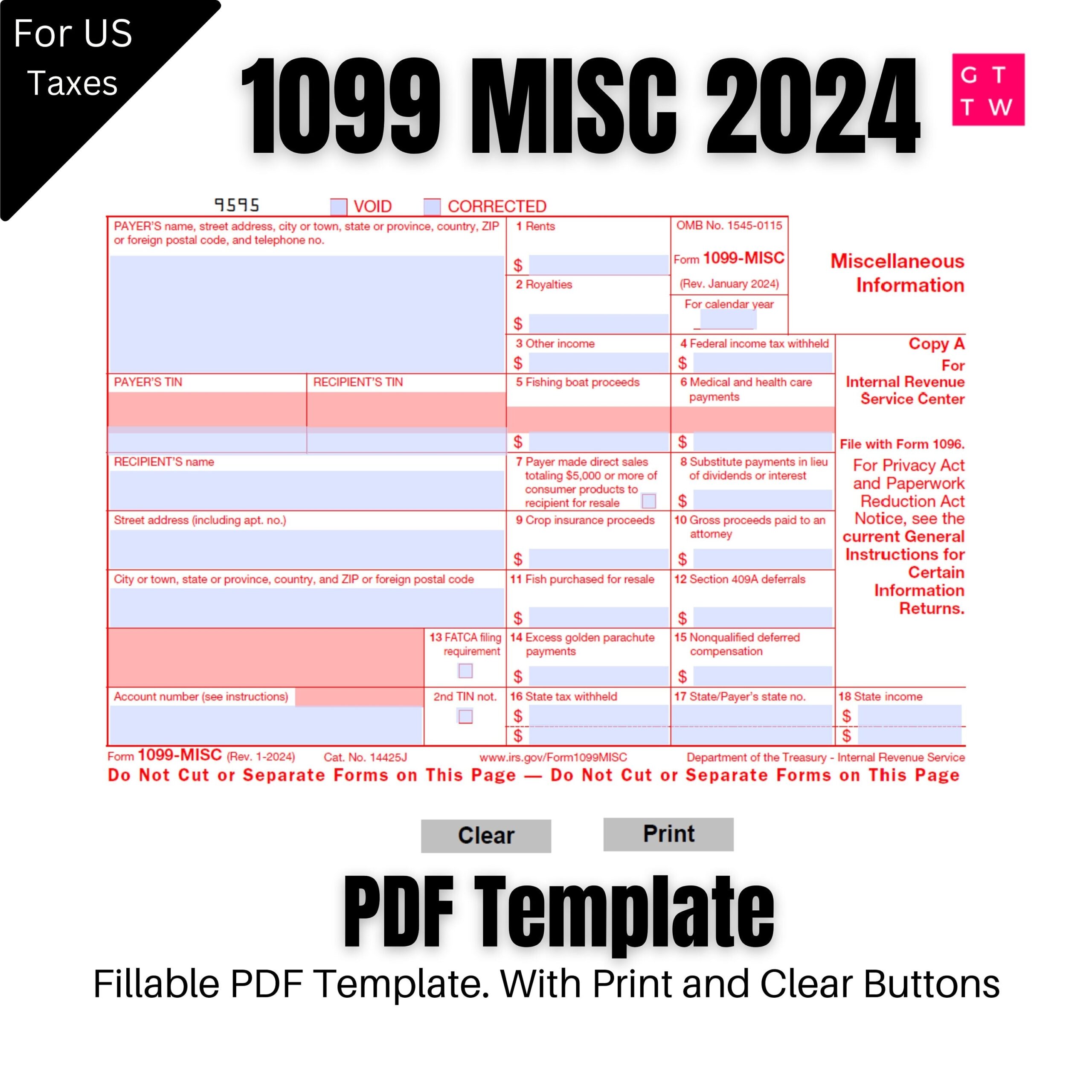 2024 1099 MISC IRS Forms Copy A Print Template PDF Fillable With 