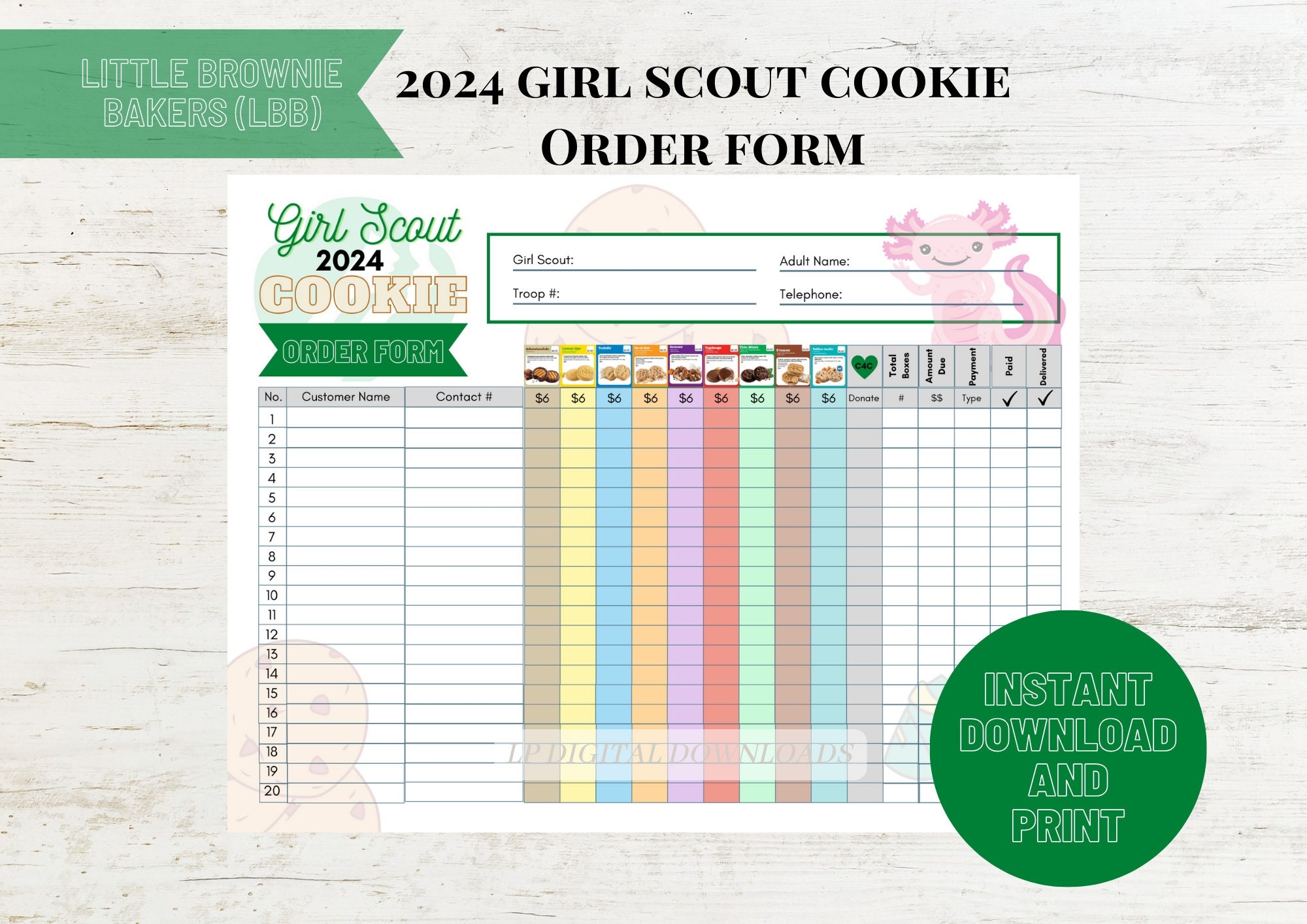 2024 Girl Scout Cookie Order Form Template Little Brownie Bakers LBB 