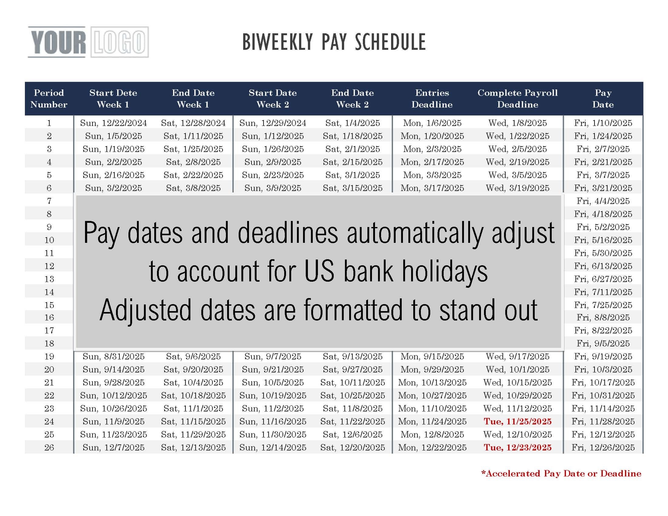 2025 Bi weekly Payroll Calendar Schedule Template excel Download 