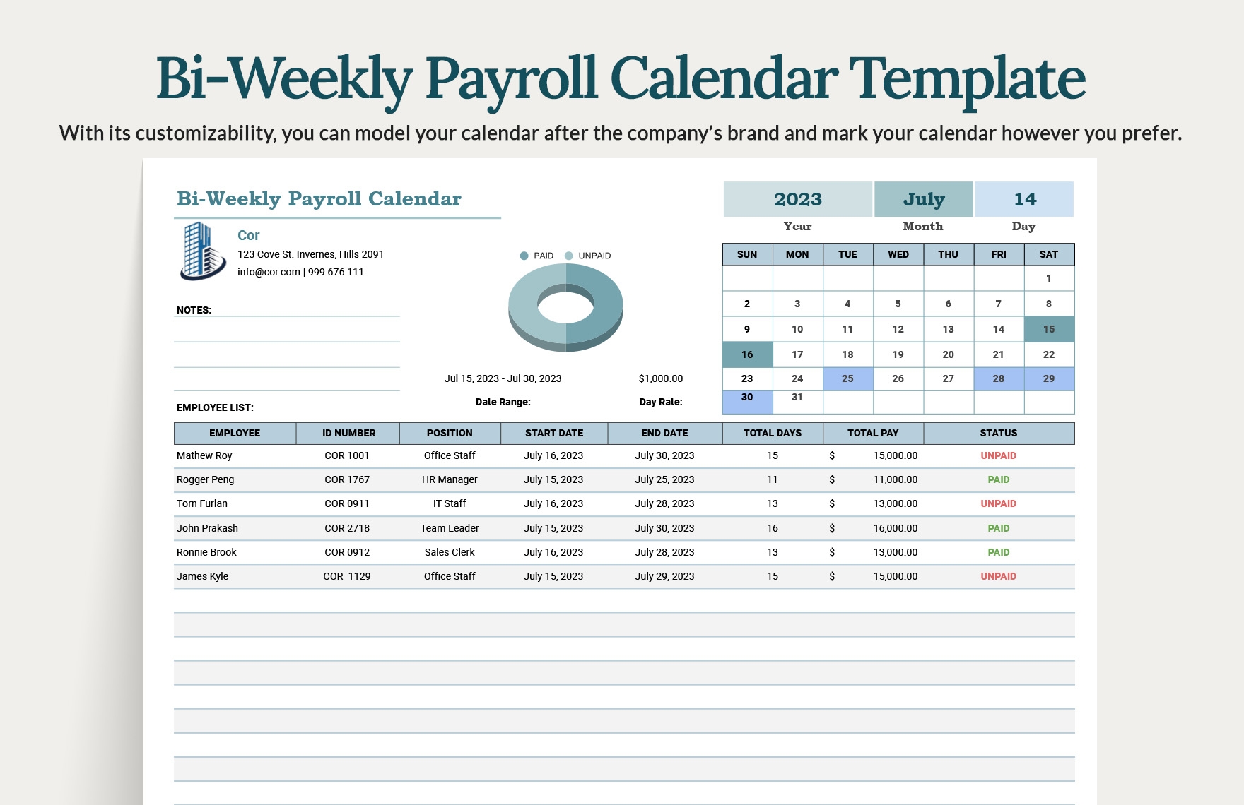 2025 Biweekly Payroll Calendar Template Excel Pdf Printable Arthur J 