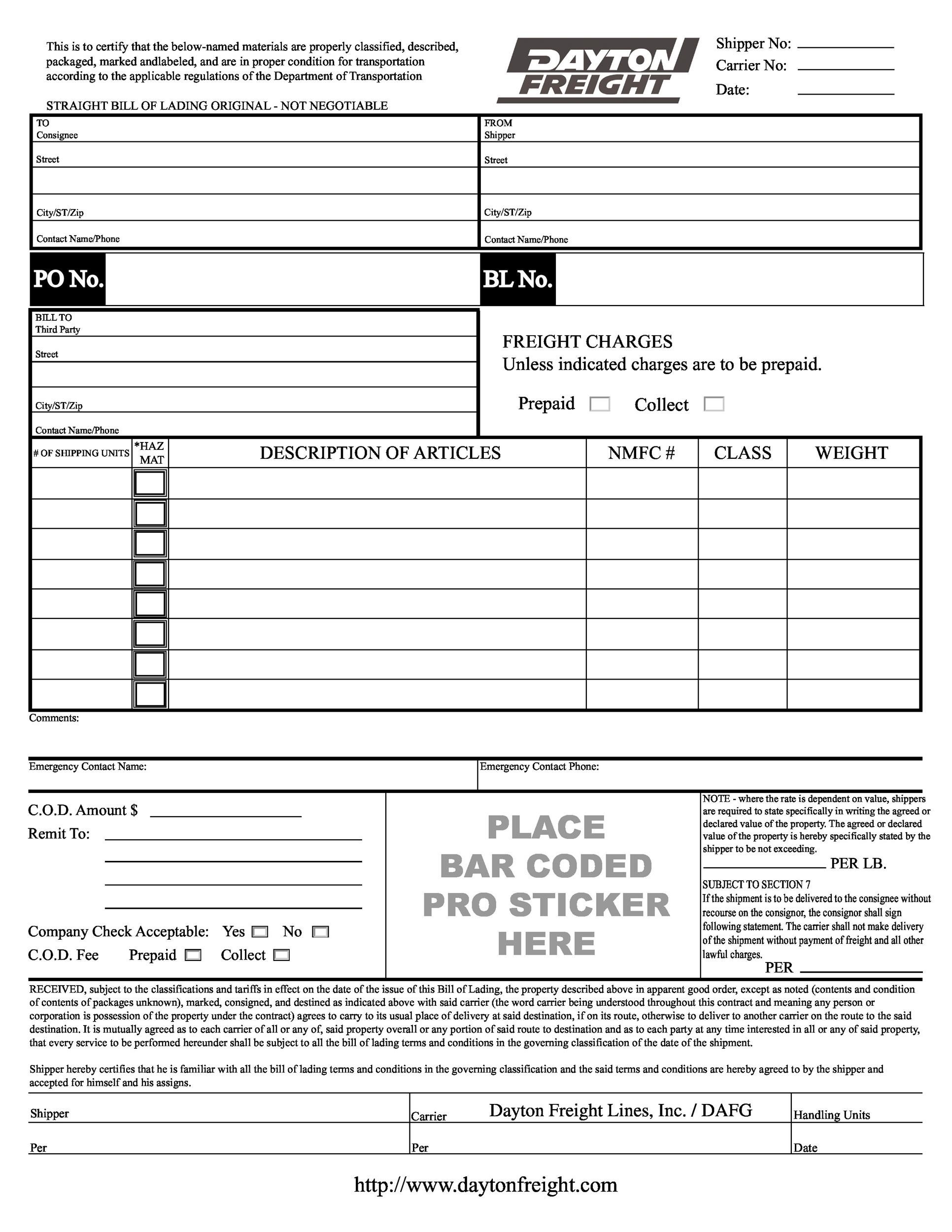 40 Free Bill Of Lading Forms Templates Template Lab