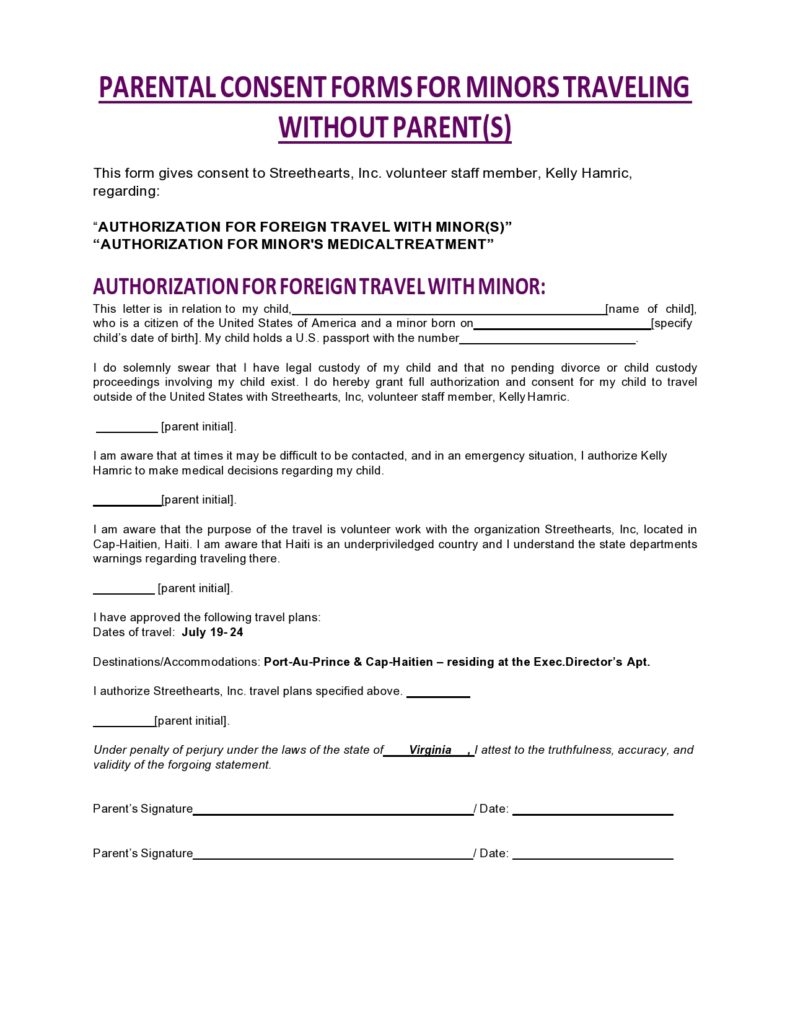 45 Printable Child Travel Consent Forms Word PDF 
