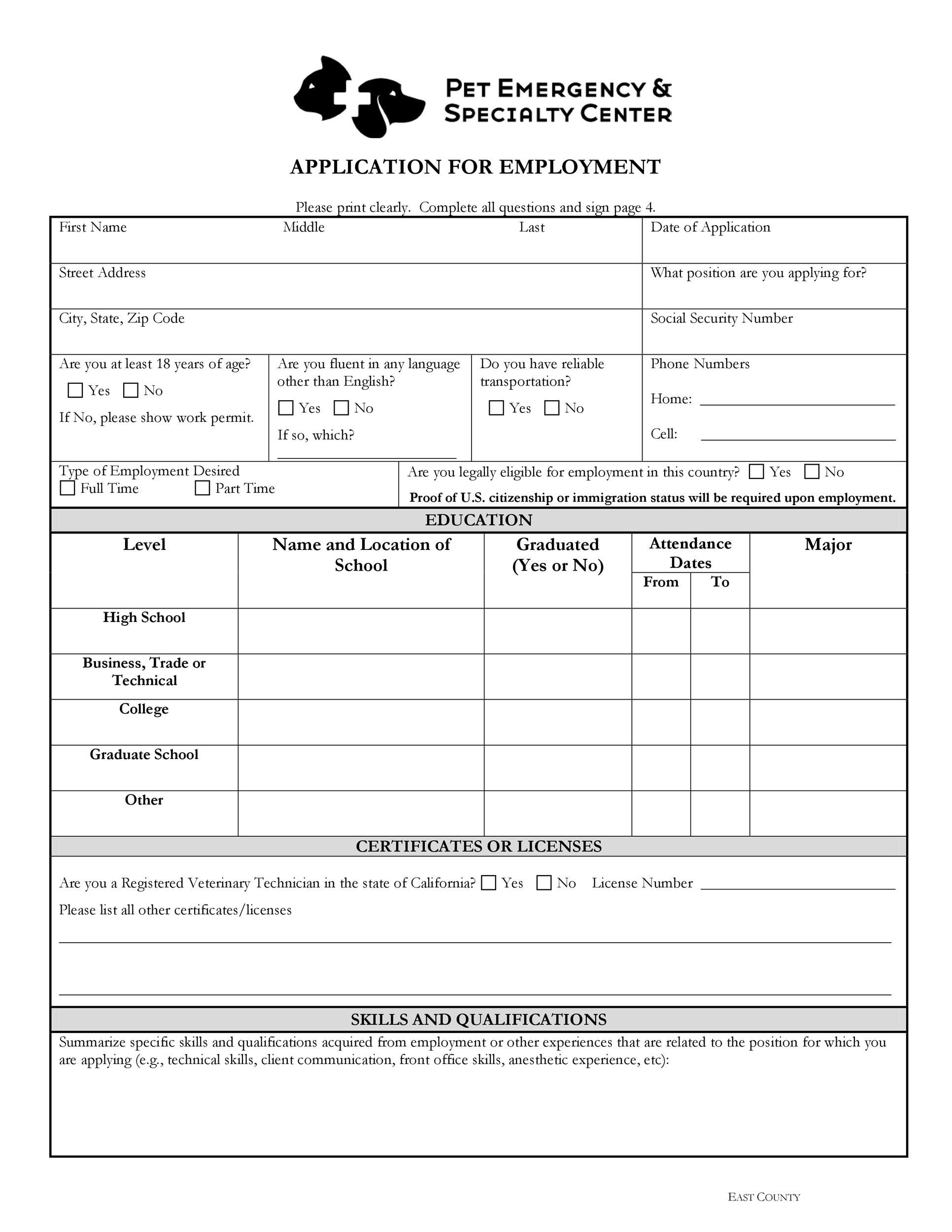 50 Free Employment Job Application Form Templates Printable 