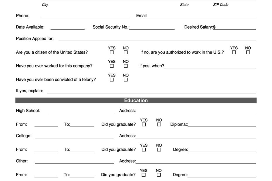 50 Free Employment Job Application Form Templates Printable