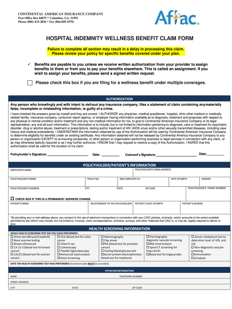Aflac Hospital Indemnity Plan Wellness Benefit Claim Form PlanForms