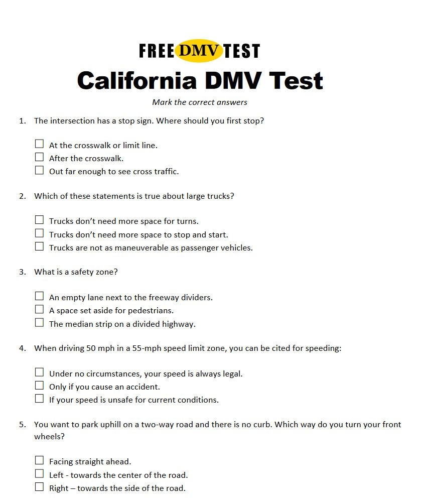 Answers To Dmv Permit Test Dmv Printable Practice Test