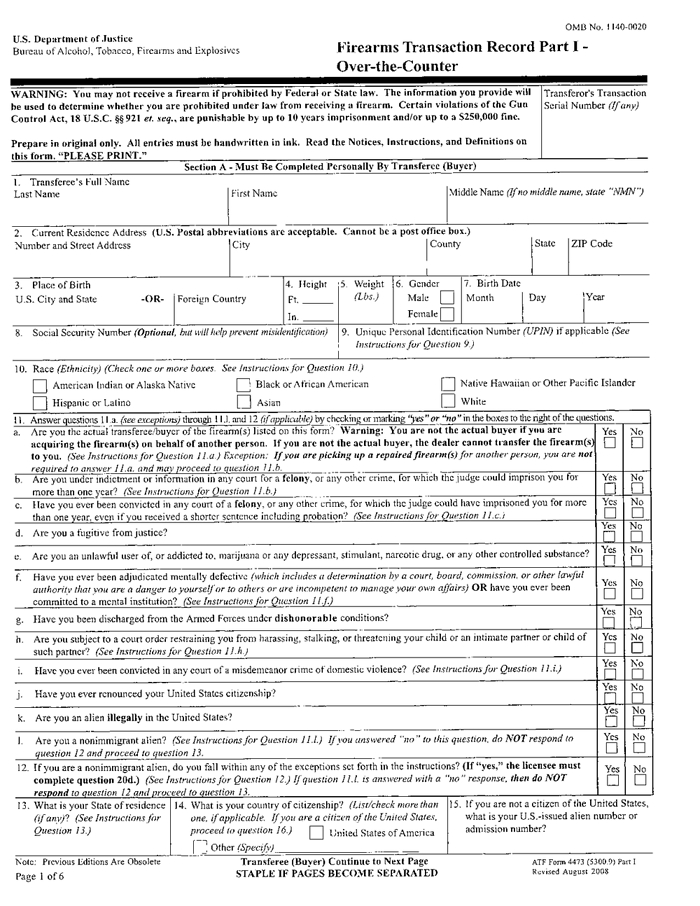 Atf Form 4473 Fillable Printable Forms Free Online