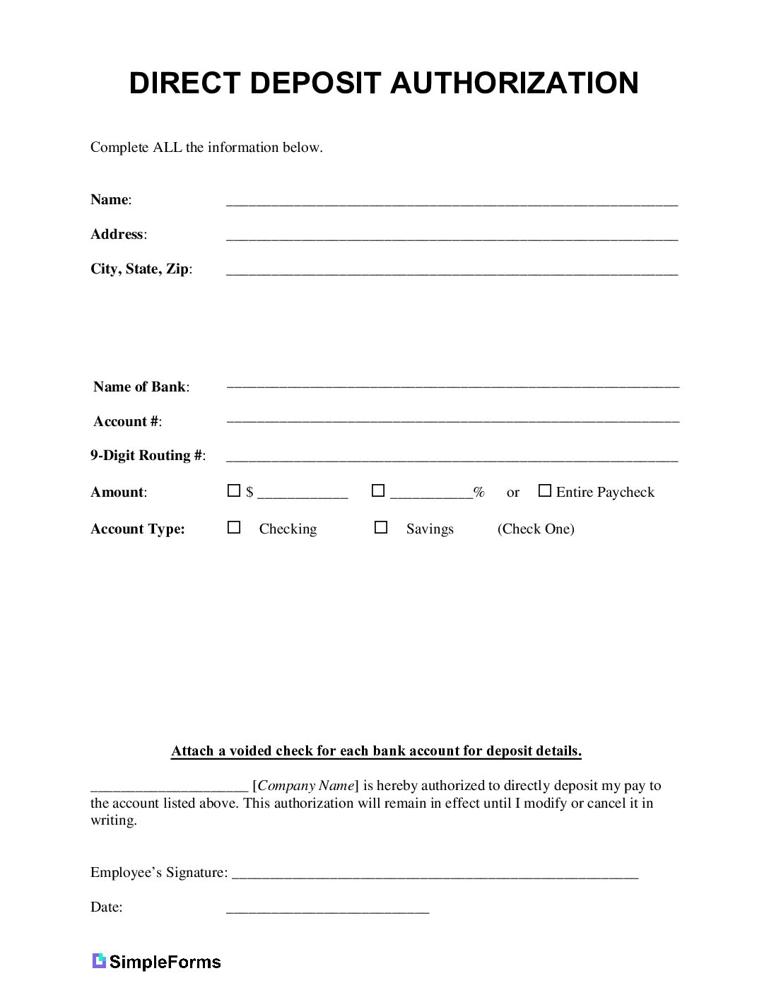 Blank Direct Deposit Authorization Template Simple Forms