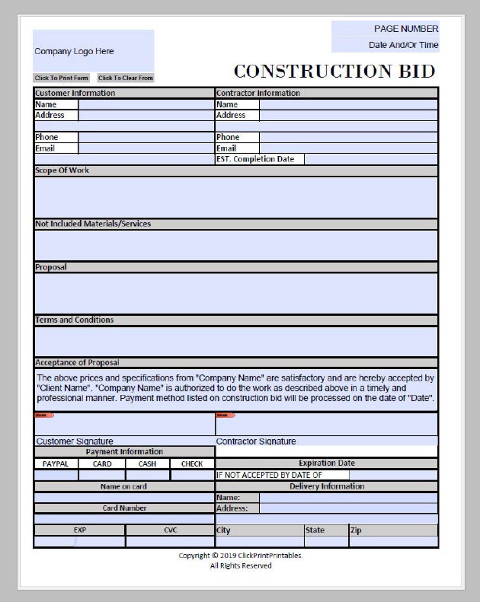 Construction Project Bid Proposal Form Template Simple Minimal Editable 