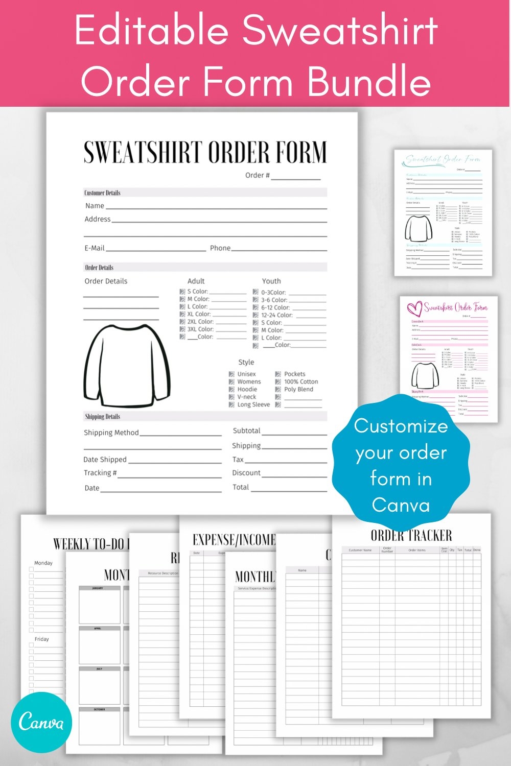Custom Sweatshirt Order Form And Trackers Canva Template