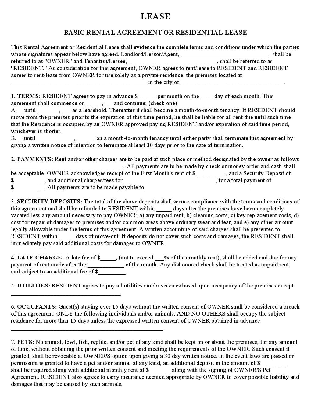 Download Free Basic Rental Agreement Or Residential Lease Printable 