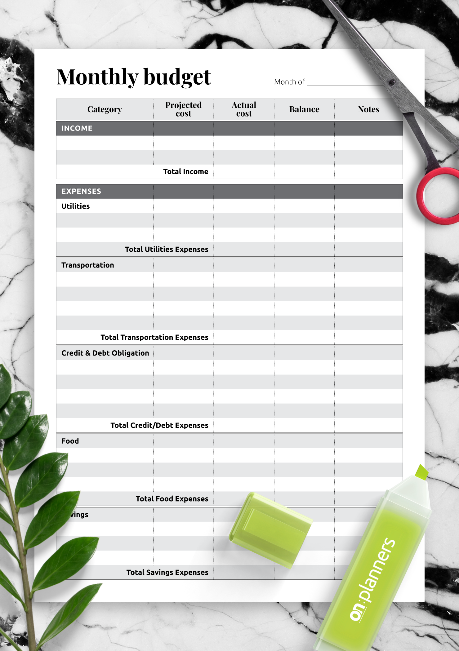 Download Printable Monthly Budget With Total Expense Sections PDF