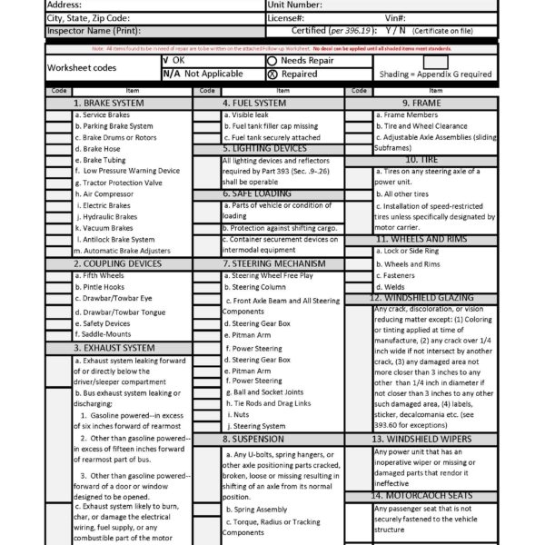 Downloadable Free Printable Driver Vehicle Inspection Report Form 