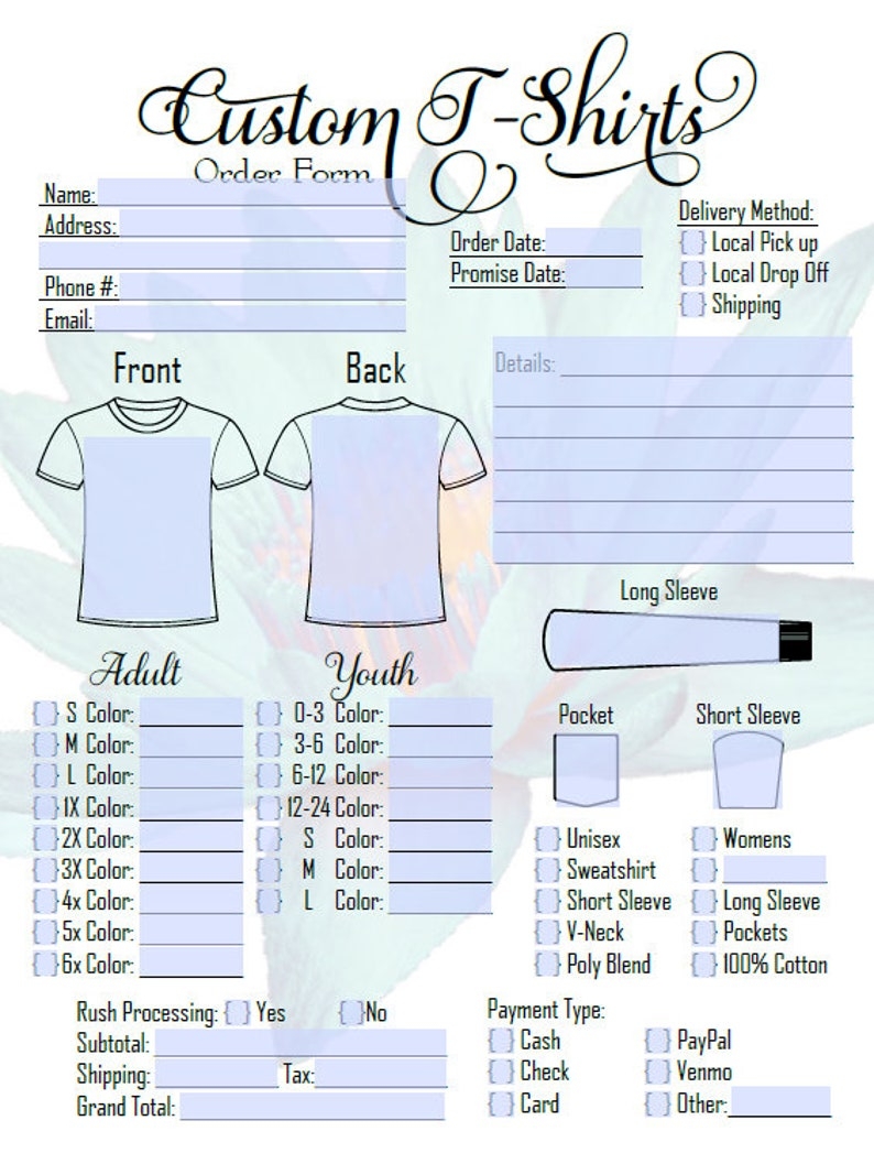 Editable Printable Shirt Order Form Printable Forms Free Online