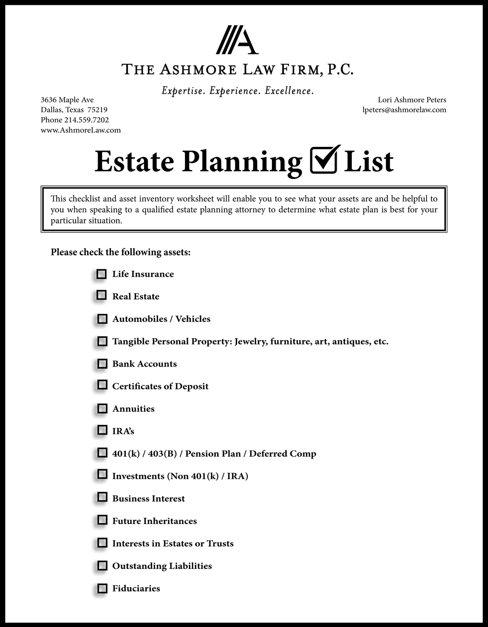 Estate Planning Checklist And Asset Inventory Worksheet The Ashmore 