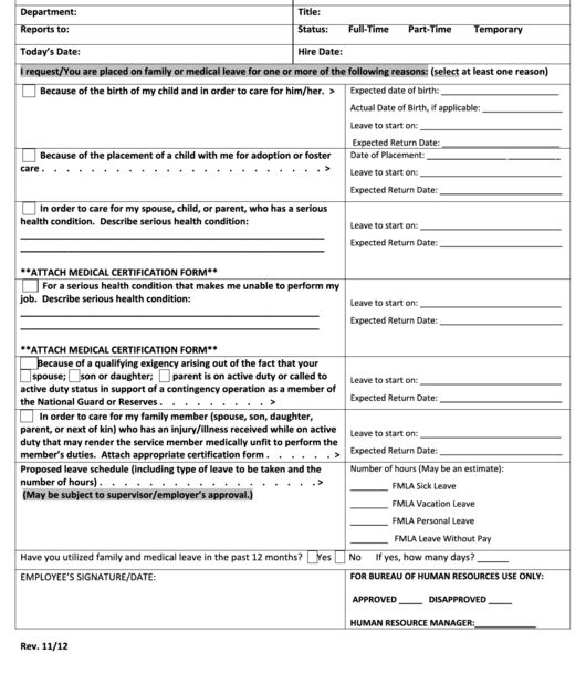 Fillable Family And Medical Leave Act Request Form Fmla Printable Pdf