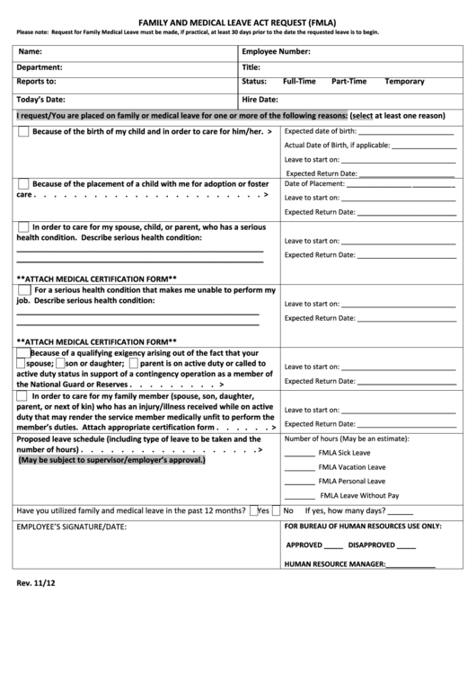 Fillable Family And Medical Leave Act Request Form Fmla Printable Pdf 