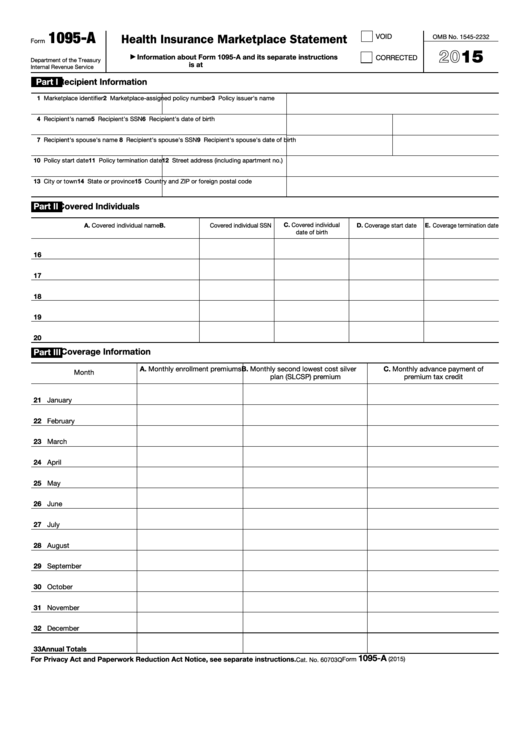 Fillable Form 1095 A Health Insurance Marketplace Statement 2015 