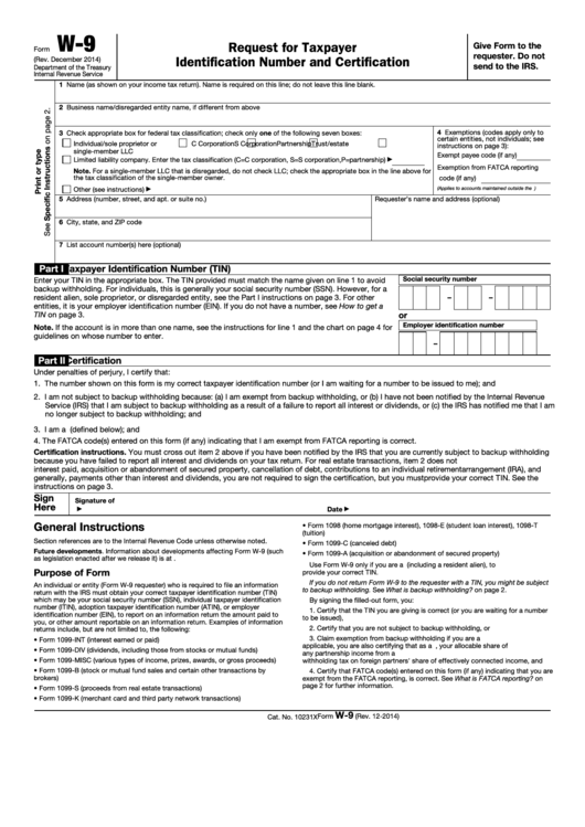 Fillable Form W 9 Request For Taxpayer Identification Number And 