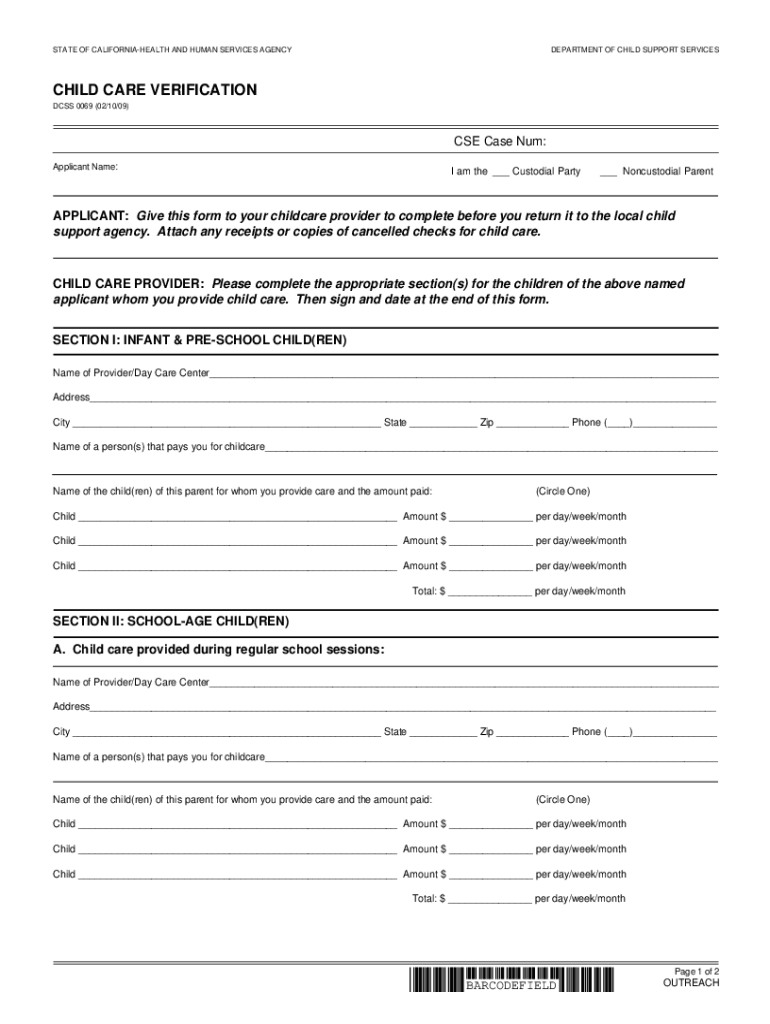 Fillable Online DCSS 0069 Child Care Verification Fax Email Print 