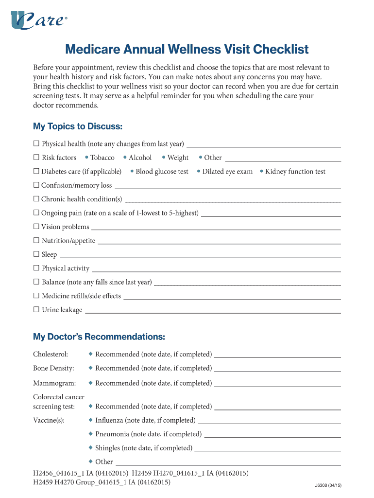 Fillable Online Medicare Annual Wellness Visit Checklist Fax Email 