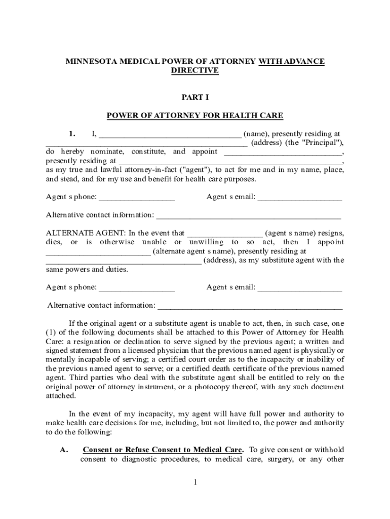 Fillable Online Minnesota Medical Power Of Attorney Form Minnesota 