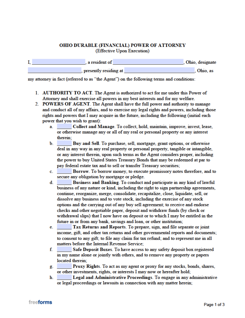 Financial Power Of Attorney Ohio Printable Form Printable Forms Free 