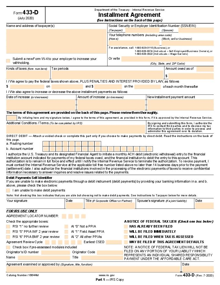Form 433d Irs Printable Printable Forms Free Online