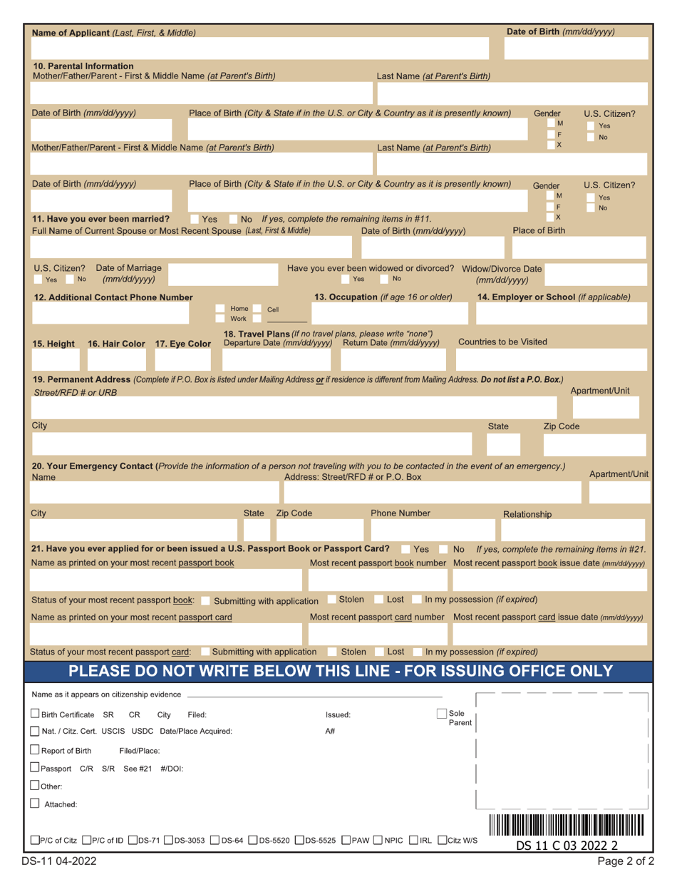 Form DS 11 Download Printable PDF Or Fill Online Application For A U S 