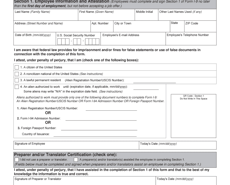Form Form I 9 Blank Printable Printable Forms Free Online