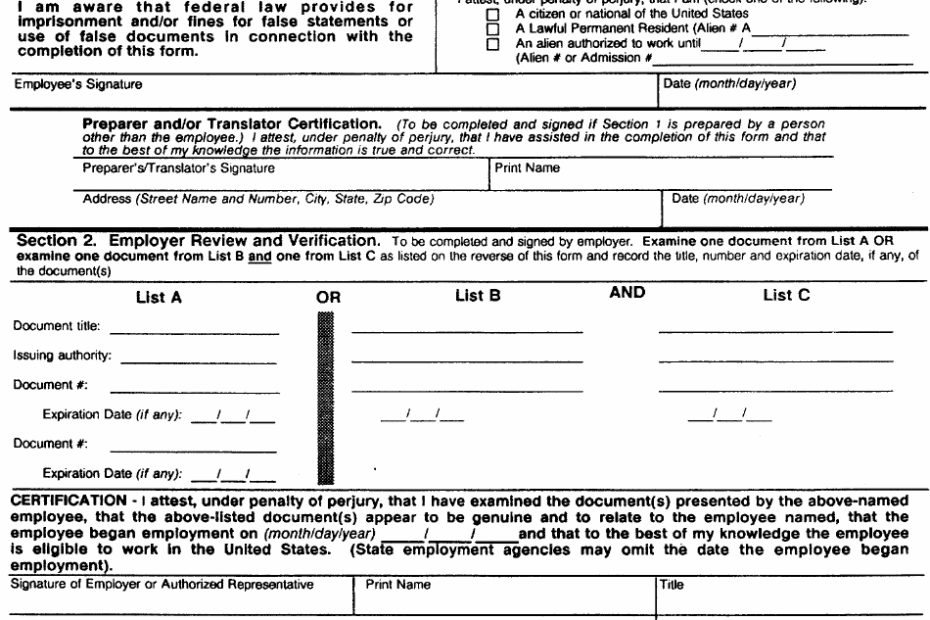 Form I 9 Employment Eligibility Verification Fillable Printable Forms