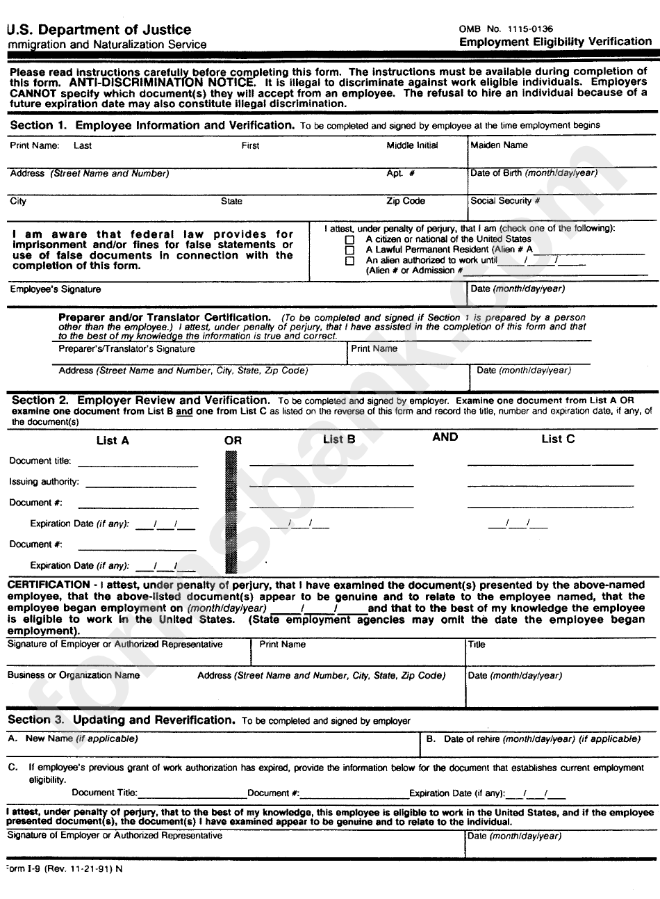 Form I 9 Employment Eligibility Verification U s Department Of 