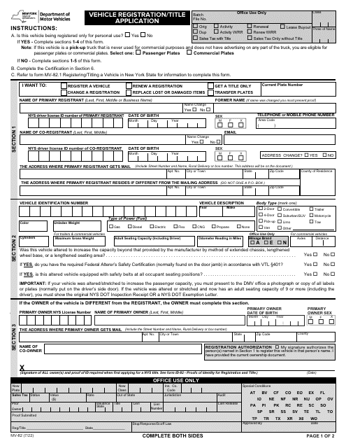 Form MV 82 Download Fillable PDF Or Fill Online Vehicle Registration 