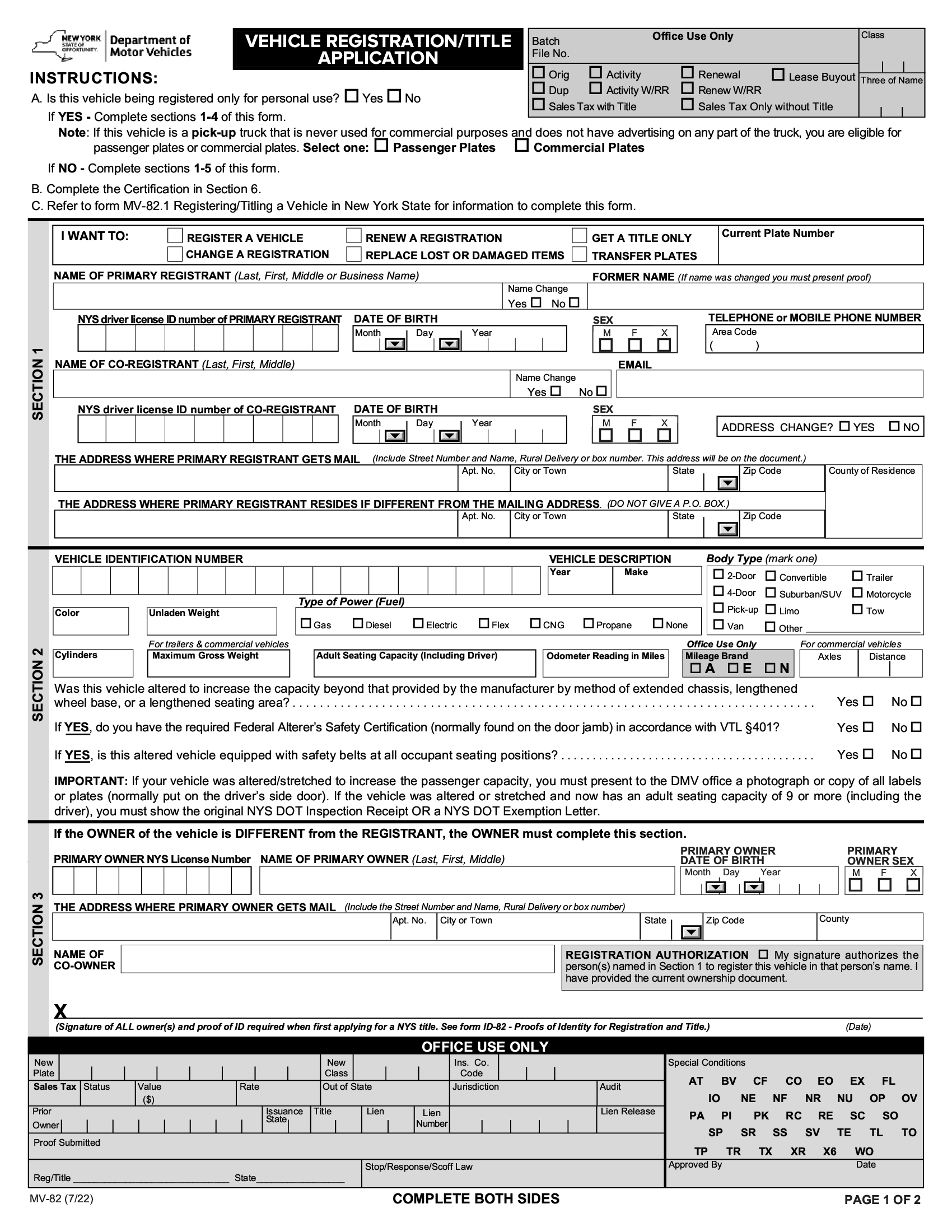 Form MV 82 NY Vehicle Registration Title Application Forms Docs 2023