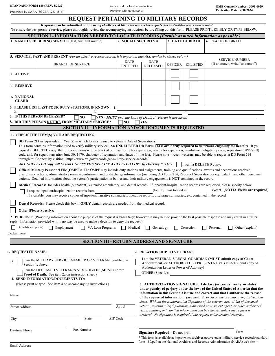 Form SF 180 Download Fillable PDF Or Fill Online Request Pertaining To 