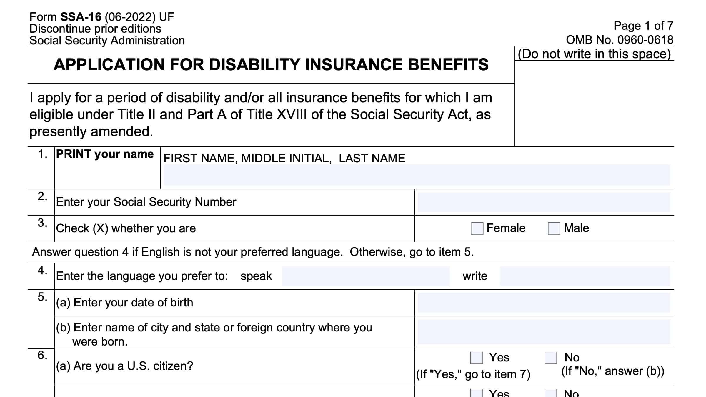 Form SSA 16 Instructions Filing Your Disability Benefits Claim