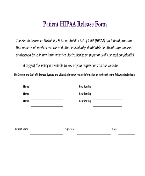 FREE 14 HIPAA Release Form Samples PDF MS Word Google Docs