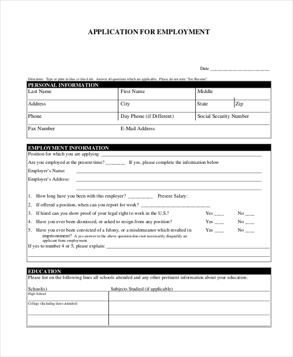 FREE 9 Sample Printable Job Application Forms In PDF Excel MS Word