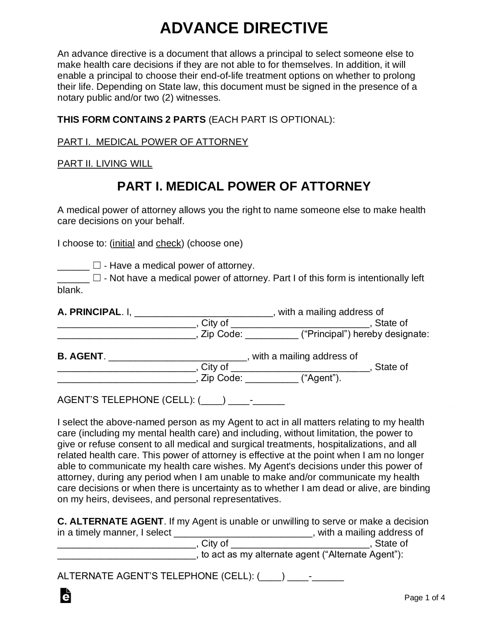 Free Advance Directive Form Medical POA Living Will PDF Word 