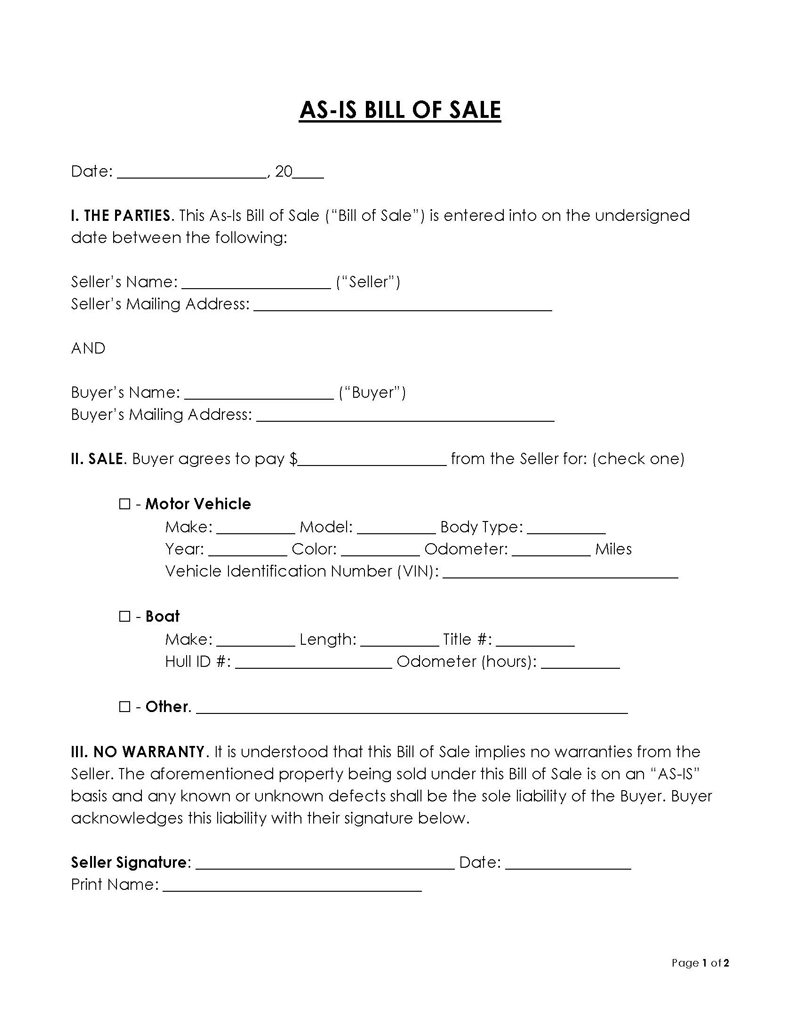 Free As Is no Warranty Bill Of Sale Templates Word PDF
