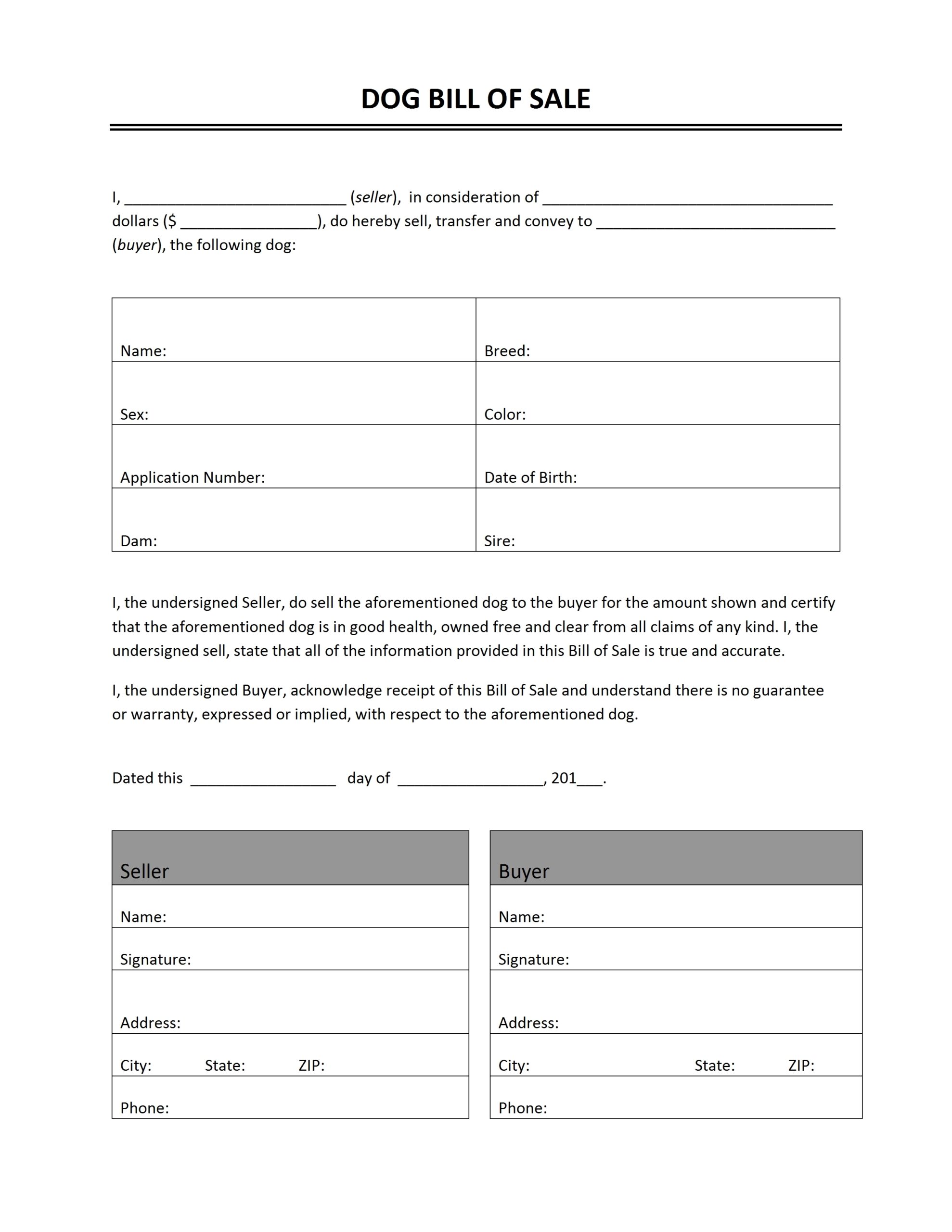 Free Bill Of Sale Printable Form