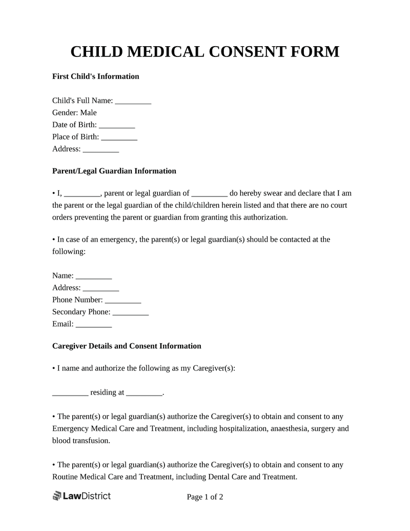 Free Child Medical Consent Form Online Template LawDistrict